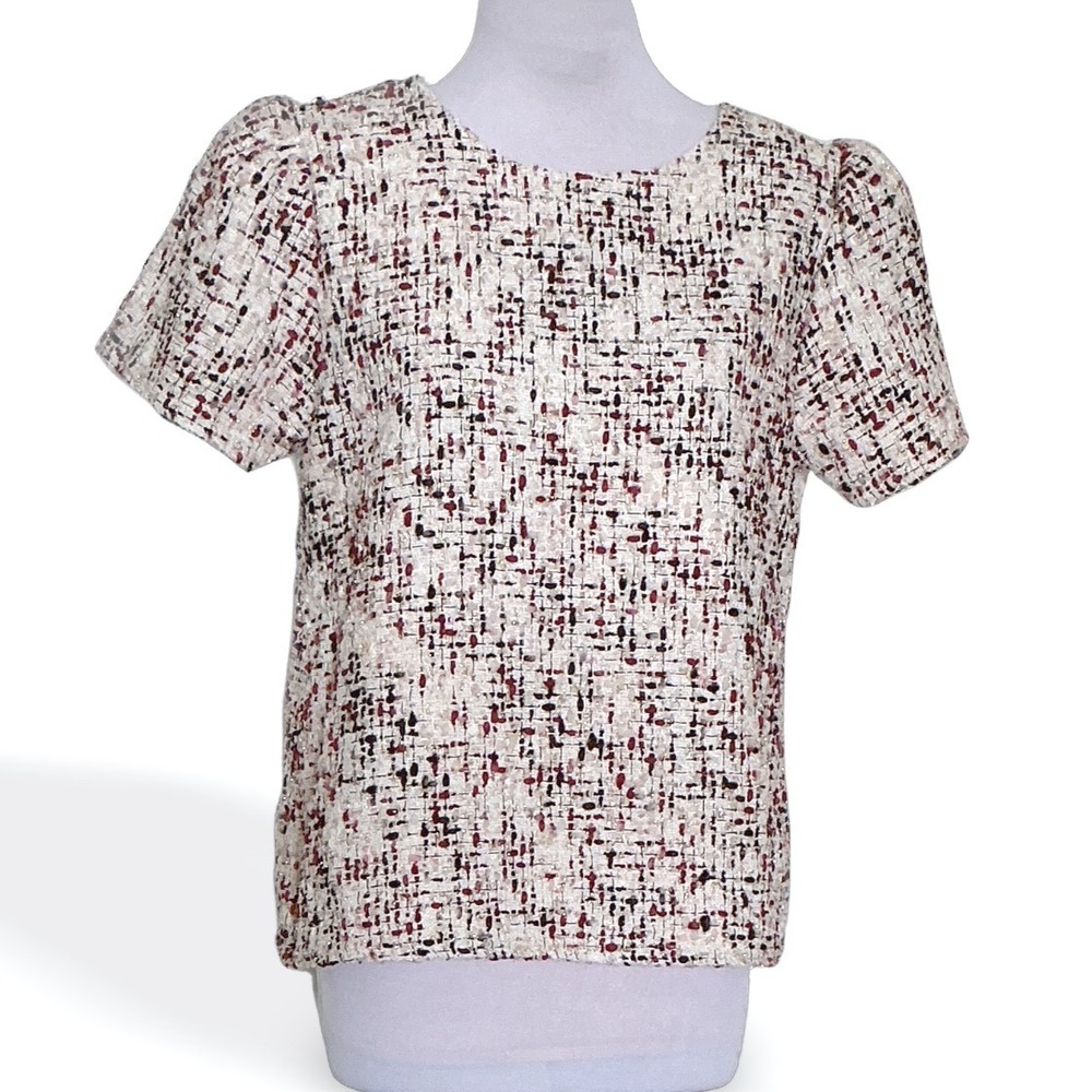 Never A Wallflower Silk Blend Tweed Top Womens Small Puff Sleeve Boucle Metallic
